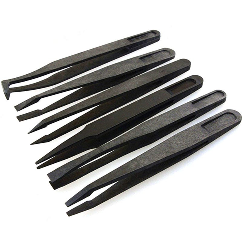 FEITA Precision Plastic Tweezers Kit - Plastic Anti static Tweezers Set Pickup Craft Electronics DIY Repair Tool - Black - 6Pcs - Image 1